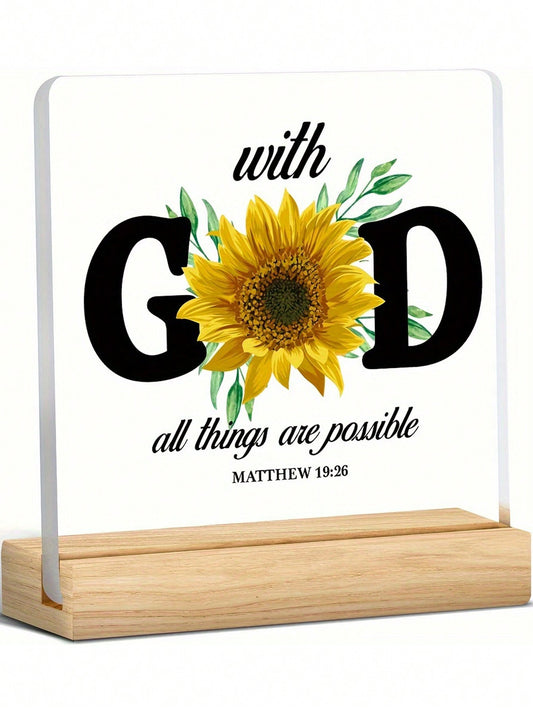 Christian Wooden Table Decor with Acrylic Plaque & Sunflower Design - 'With God All Things Are Possible' 4x4 Inch Desk Decoration