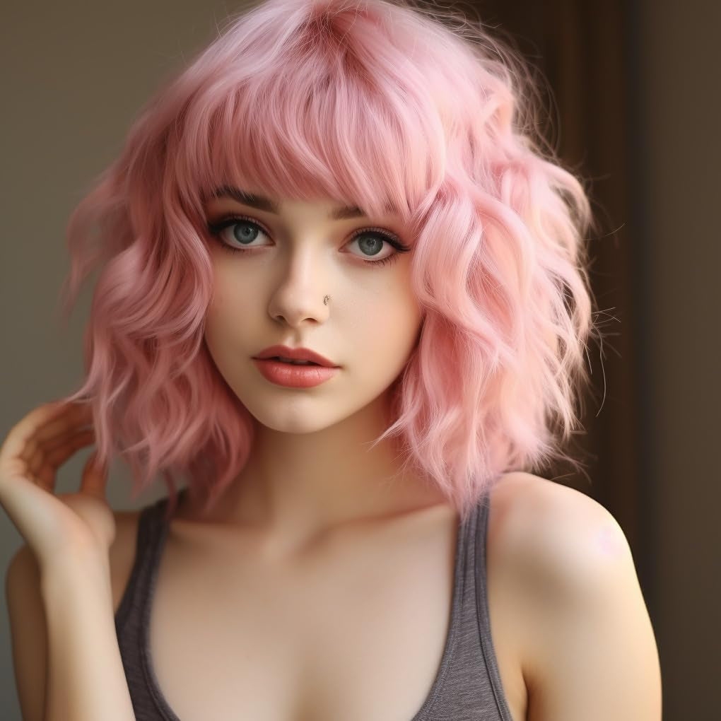 Short Curly Wavy Bob Pink Wig with Bangs, Shoulder Length Synthetic Hair Wigs Cosplay Party Wig for Women Girls Use 12 Inches (Pink)