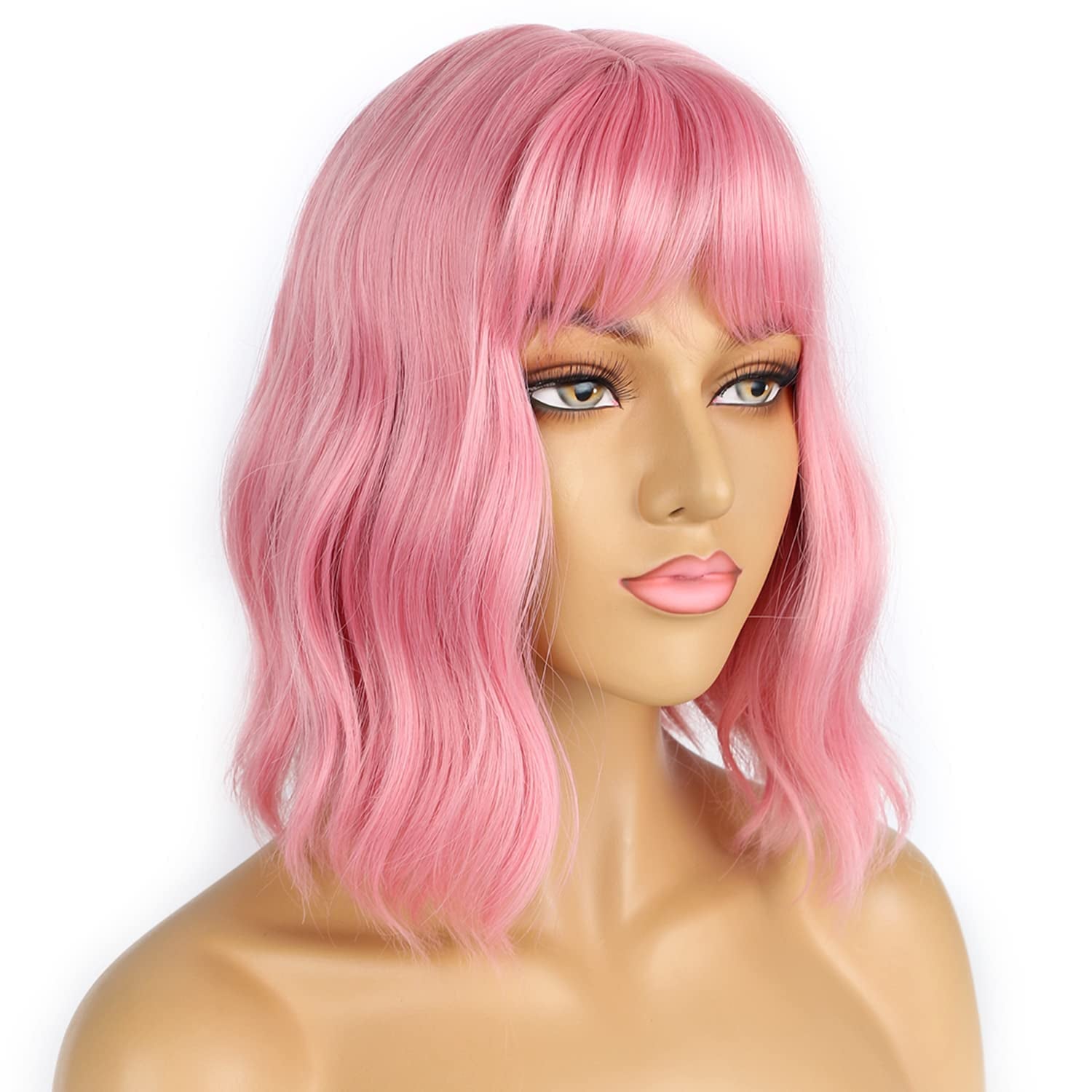 Short Curly Wavy Bob Pink Wig with Bangs, Shoulder Length Synthetic Hair Wigs Cosplay Party Wig for Women Girls Use 12 Inches (Pink)