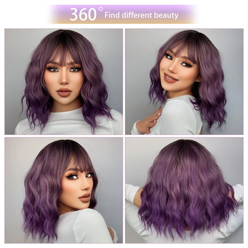 Ombre Purple Wig Short Body Wavy Bob Wigs for Women with Bangs Shoulder Length Synthetic Cosplay Party Wig for Girls Daily Use Colorful Wigs