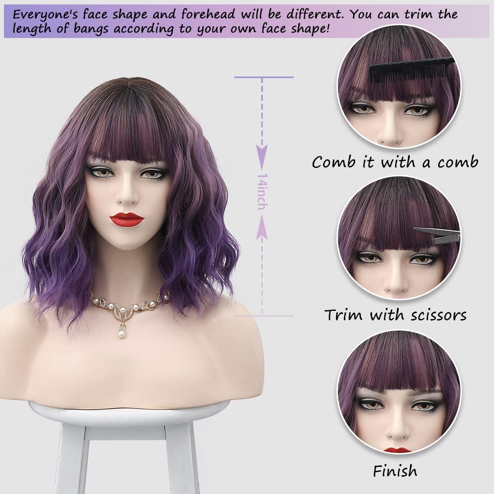 Ombre Purple Wig Short Body Wavy Bob Wigs for Women with Bangs Shoulder Length Synthetic Cosplay Party Wig for Girls Daily Use Colorful Wigs