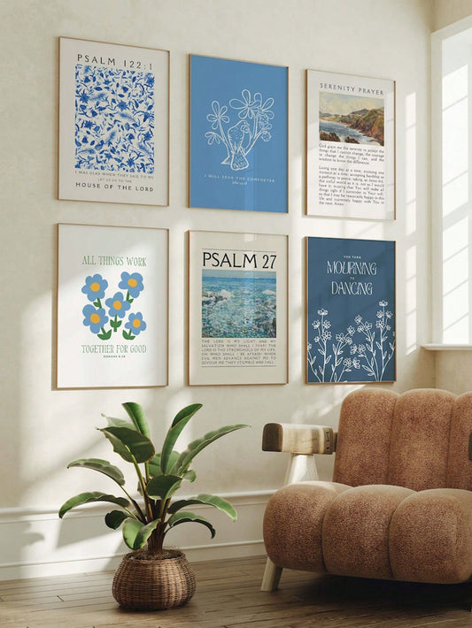 6Pcs Vintage Blue Christian Bible Verses Wall Decor Art Prints (No Frame)